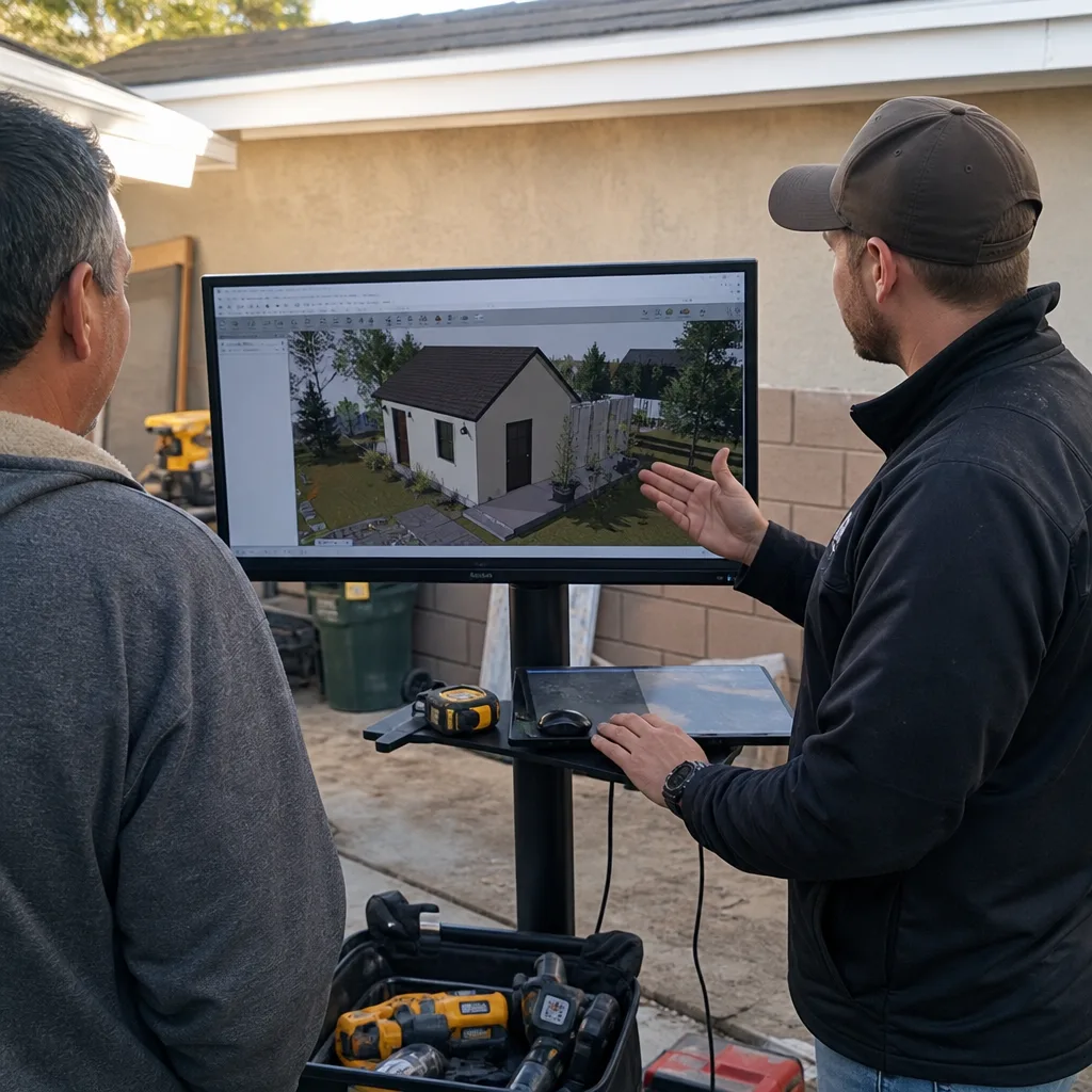 Contractor presenting ADU design plans on a digital display.