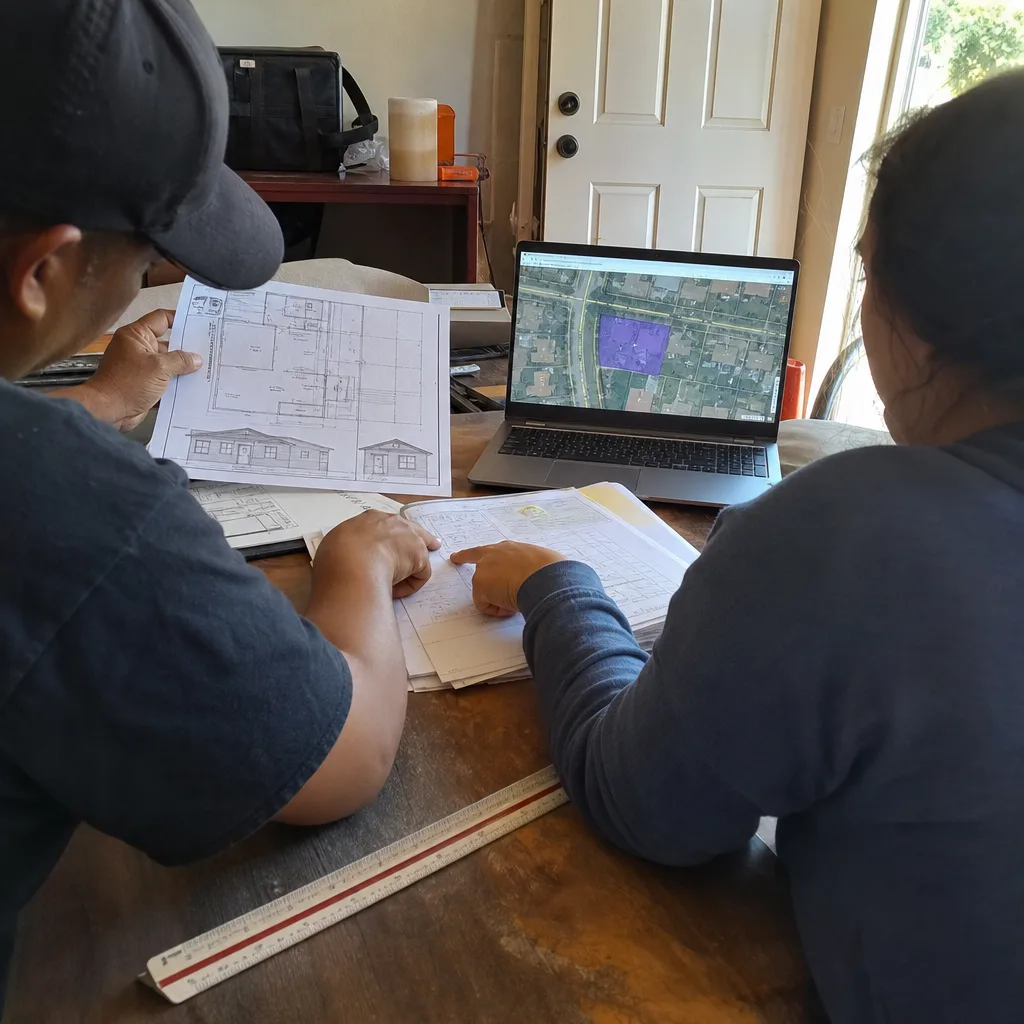 Professionals reviewing ADU architectural blueprints and site plans for construction permitting