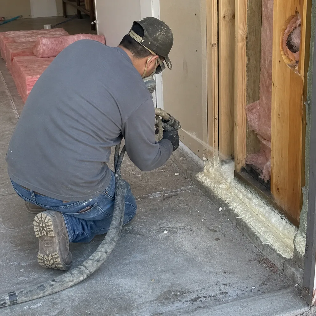 Contractor applying spray foam insulation for garage conversion ADU