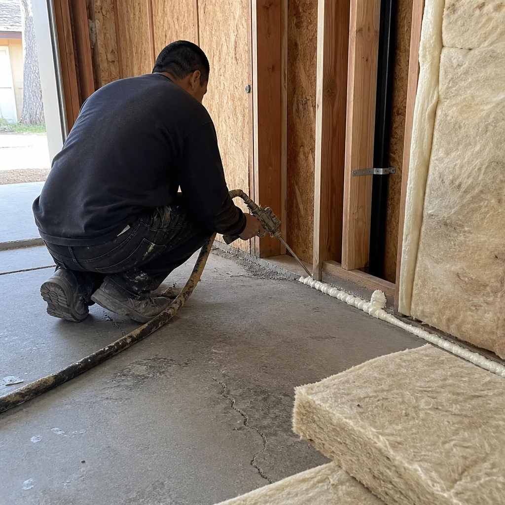 Professional applying spray foam insulation for a garage conversion project