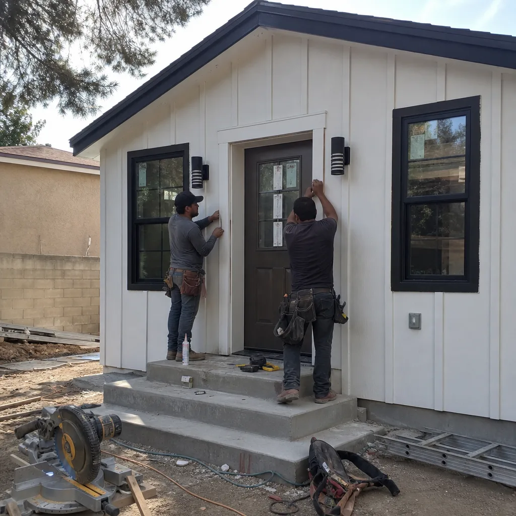 Contractors installing exterior trim on a modern detached ADU