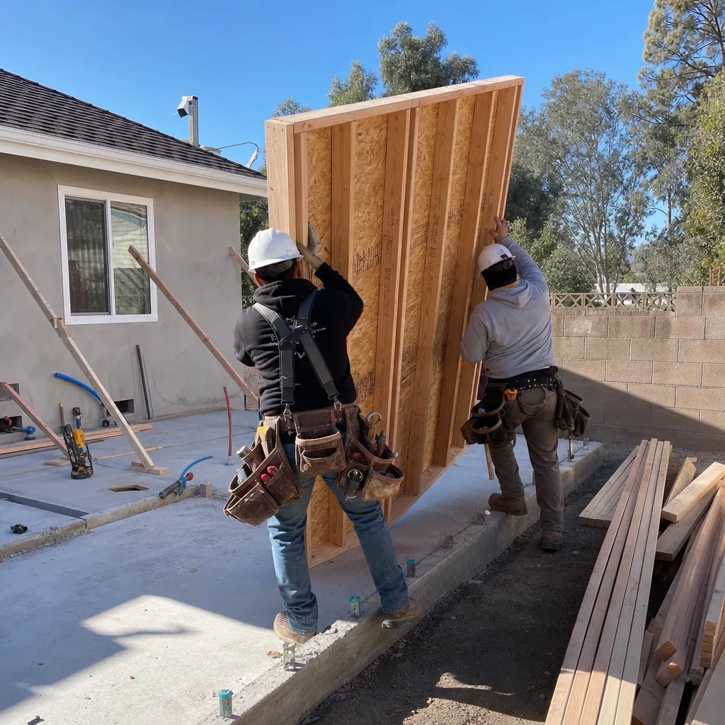 Two construction workers raising a wooden wall frame for an ADU.