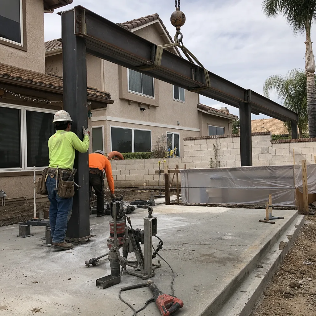 Workers installing steel beam frame for new detached ADU construction